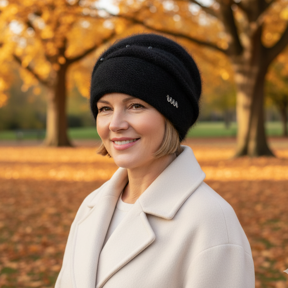 black Women’s Angora Wool Winter Hat – Double Layer Warm Beanie, Cozy Gift for Mom or Grandma