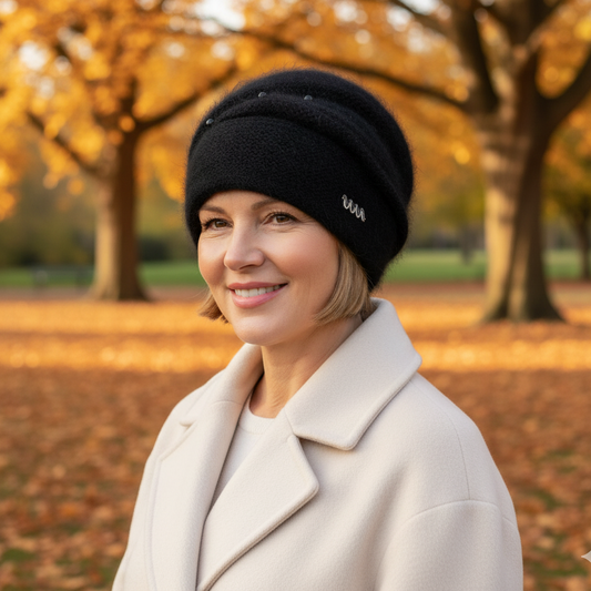 black Women’s Angora Wool Winter Hat – Double Layer Warm Beanie, Cozy Gift for Mom or Grandma