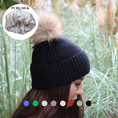 100% Mulberry Silk Lined Cashmere Hat – Faux Fur Pom Pom