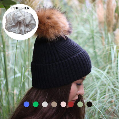 100% Mulberry Silk Lined Cashmere Hat – Fox Fur Pom Pom 