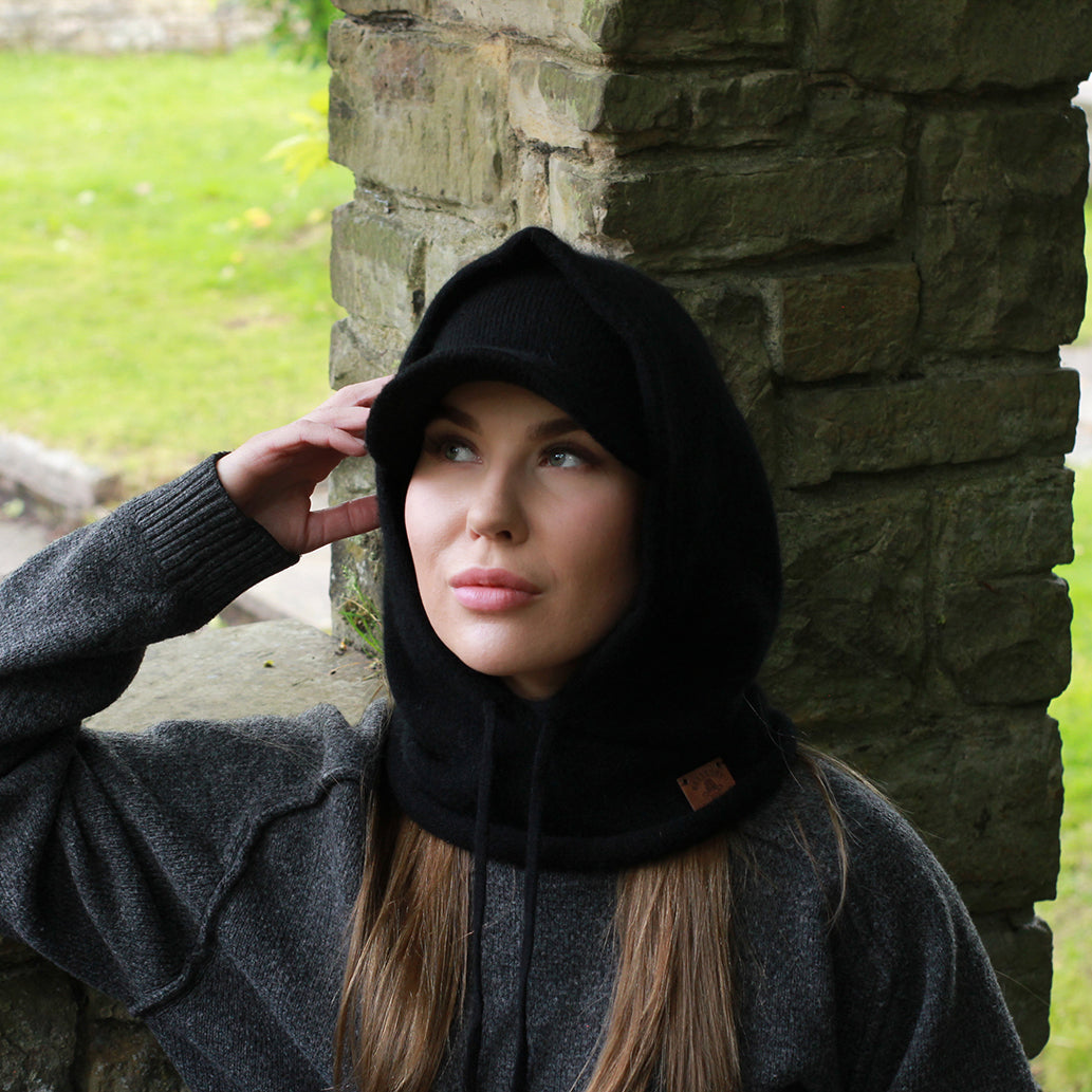 black Cashmere Winter Hood Hat for Women – Warm Hooded Beanie, Soft Knit Balaclava Style, Cozy Head Cover, Luxury Gift for Her