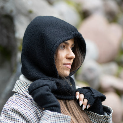 black Cashmere Winter Hooded Balaclava Hat for Women