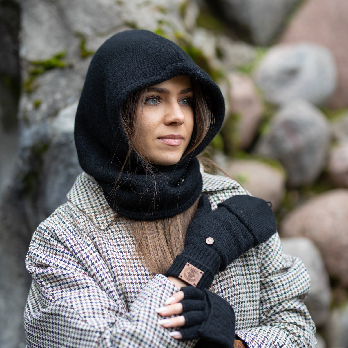 black Cashmere Winter Hooded Balaclava Hat for Women