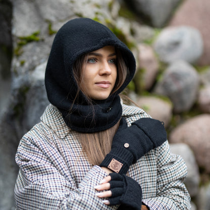 black Cashmere Winter Hooded Balaclava Hat for Women