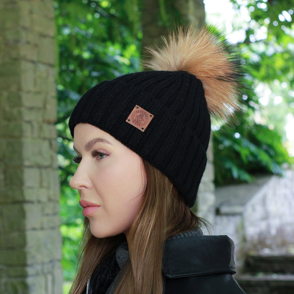 Silk-Lined Women’s Cashmere Hat – Smaller Size Beanie with Real FOX Fur Pom Pom, Soft & Warm Winter Hat, Gift for Her