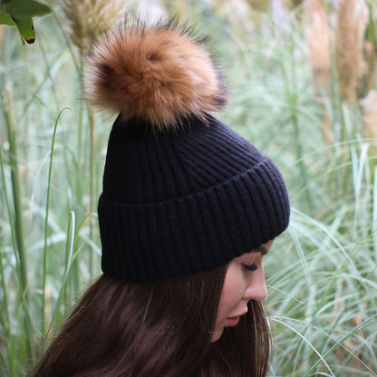 100% Mulberry Silk Lined Cashmere Hat – Fox Fur Pom Pom