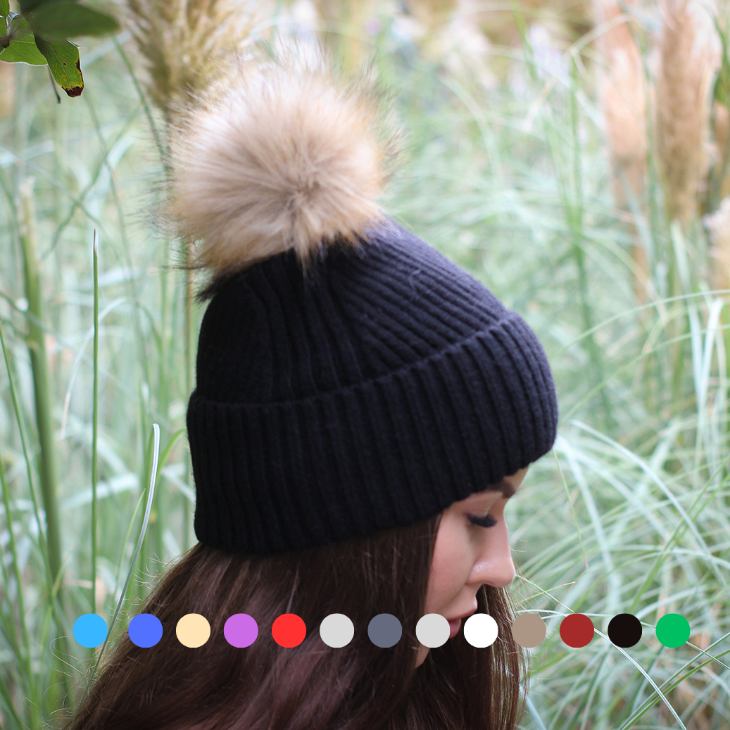 Silk-Lined Cashmere Beanie for Women – Frizz-Free Winter Hat with Faux Fur Pom Pom, Cozy Gift for Her, Soft Warm Luxury Beanie