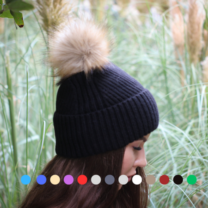 black Satin-Lined Women’s Cashmere Beanie with Faux Fur Pom Pom