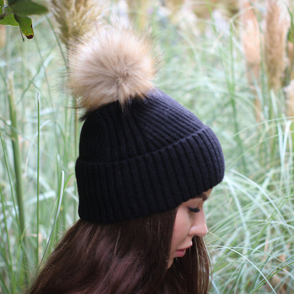 black Silk-Lined Cashmere Beanie for Women – Frizz-Free Winter Hat with Faux Fur Pom Pom, Cozy Gift for Her, Soft Warm Luxury Beanie 