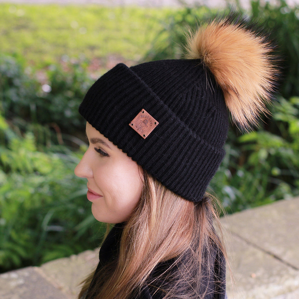 100% Pure Silk-Lined Cashmere Hat – Triple Layer Women’s Winter Beanie, Reduces Frizz, Real Fox Fur Pom Pom, Luxury Gift for Her