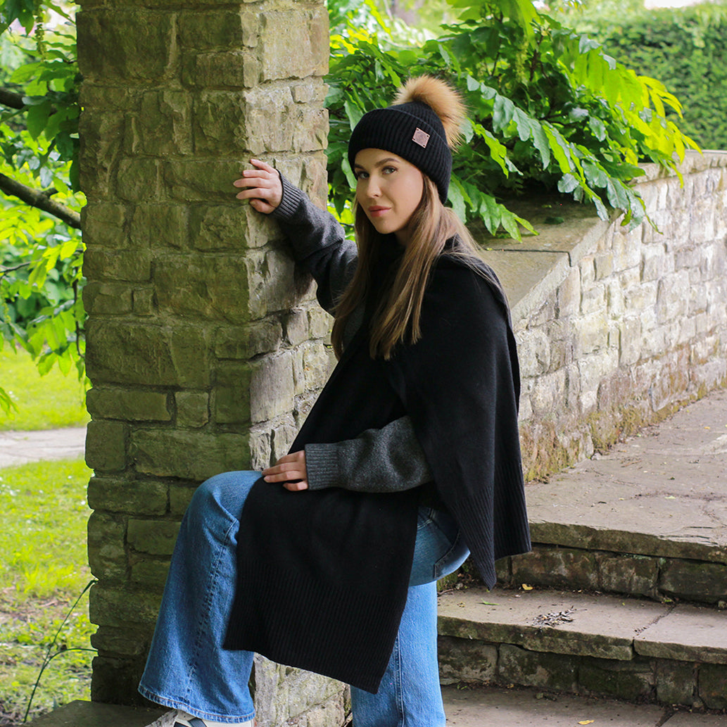 black 100% Mulberry Silk Lined Cashmere Hat