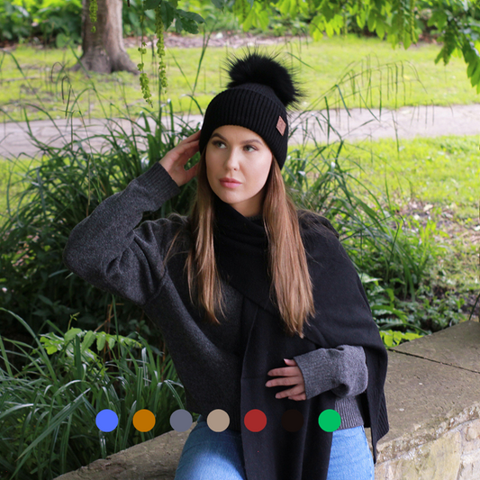 black Women’s cashmere hat with pure silk lining – real fur winter beanie for curly, frizz-free hair, perfect gift for her