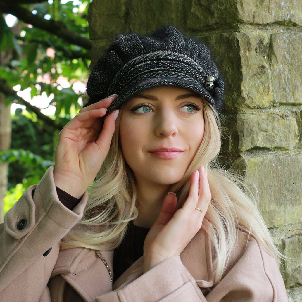 black Women's Winter Cashmere & Angora Wool Peak Hat – Chunky Double Layer Visor Beanie, Cozy Gift for Her