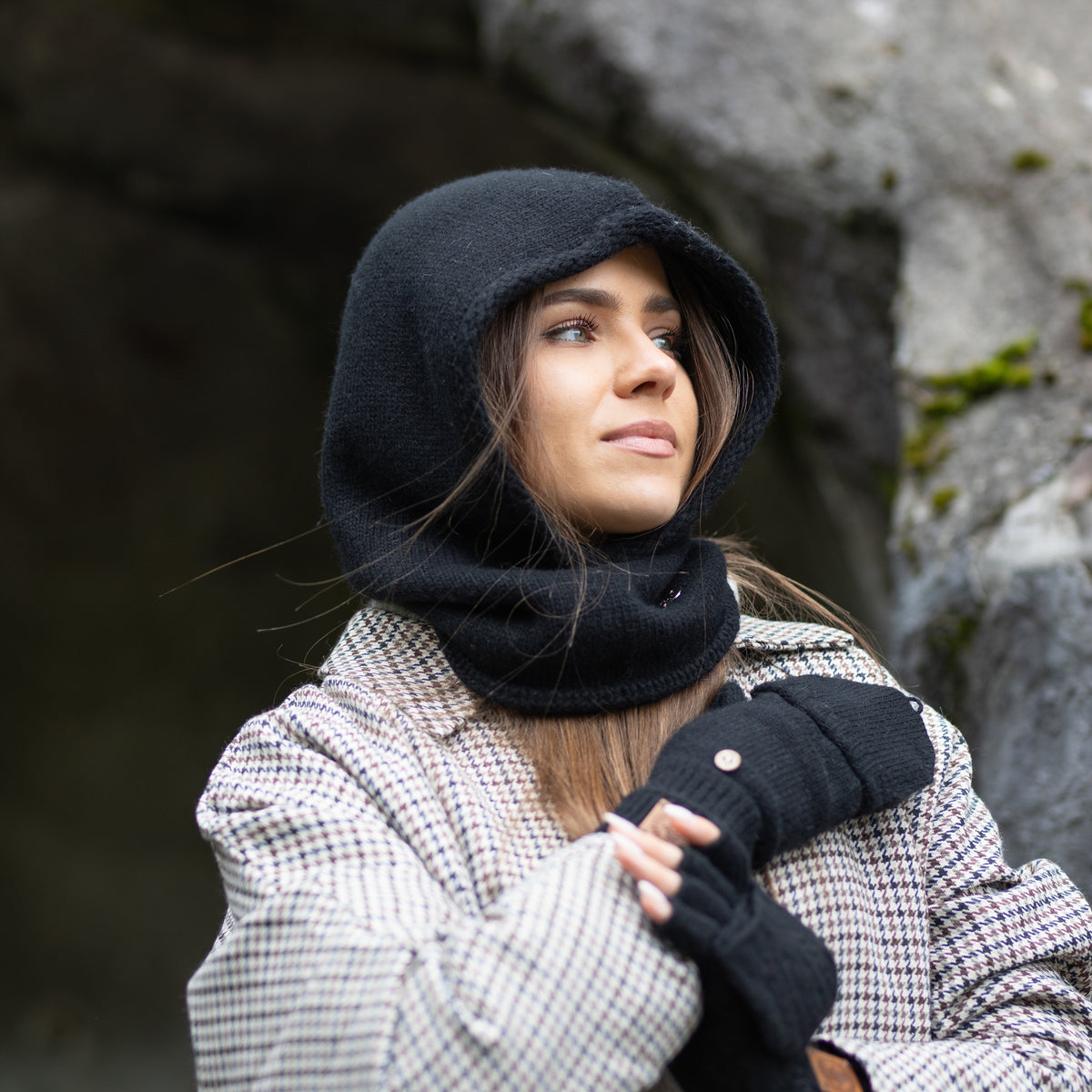 black Cashmere Convertible Fingerless Gloves