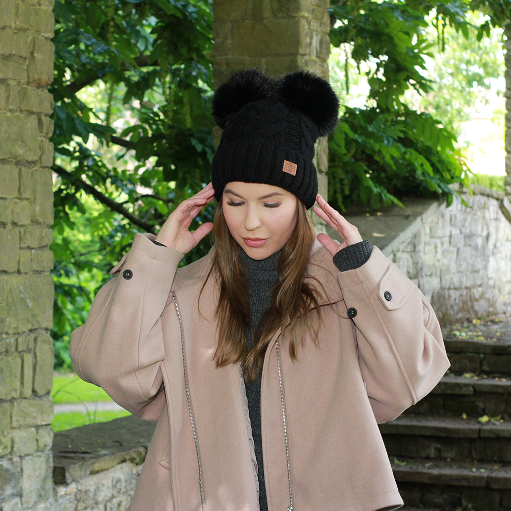 Bonnet d'hiver en laine pour femme, bonnet doublé en polaire, bonnet à pompon double