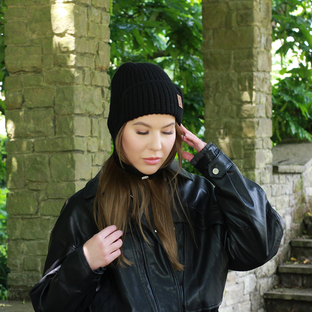 black Women’s Winter Cashmere Earflap Hat – Soft Trapper Style Beanie, Lightweight and Cozy Cold Weather Hat, Stylish Gift for Her