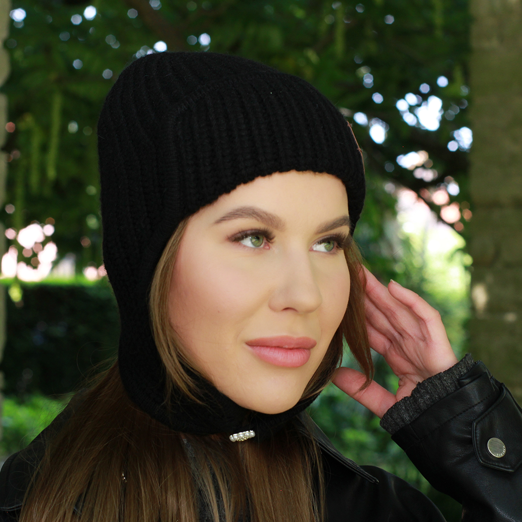 black Women’s Winter Cashmere Earflap Hat – Soft Trapper Style Beanie, Lightweight and Cozy Cold Weather Hat, Stylish Gift for Her