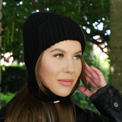 black Women’s Winter Cashmere Earflap Hat – Soft Trapper Style Beanie, Lightweight and Cozy Cold Weather Hat, Stylish Gift for Her