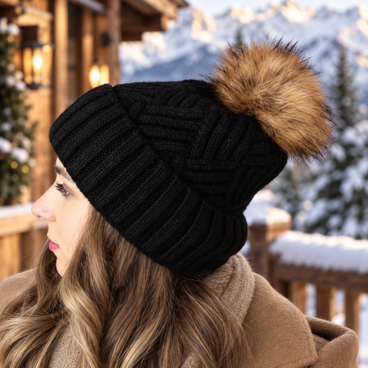 black Women’s Cashmere Beanie with Faux Fur Pom Pom