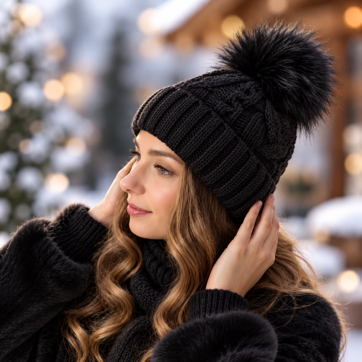 black Women’s Fleece-Lined Wool Winter Hat with Pom Pom