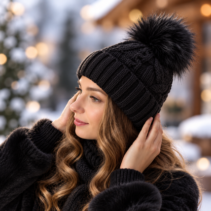 black Women’s Fleece-Lined Wool Winter Hat with Pom Pom
