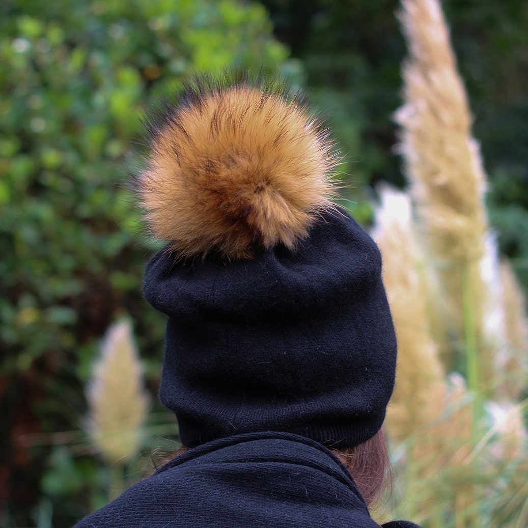 black Cashmere Winter Hat for Women – Soft Double Layer Beanie, Warm and Breathable Knit Fox Fur Pom Pom Hat, Elegant Cold Weather Gift for Her