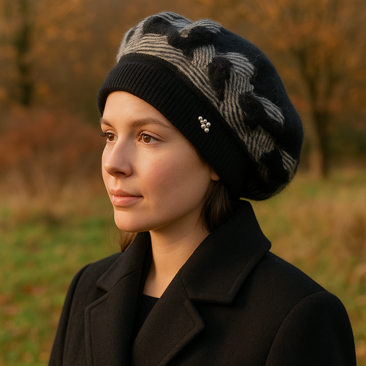 black Women’s Cashmere Beret – Double-Layer Knit, Warm & Elegant Winter Hat, Stylish Gift for Her, Great Value