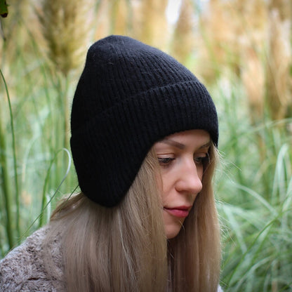black Women’s Woollen Winter Earflap Hat – Warm Cashmere Blend Beanie, Cozy Cold Weather Hat, Stylish Gift for Her, Unisex Design