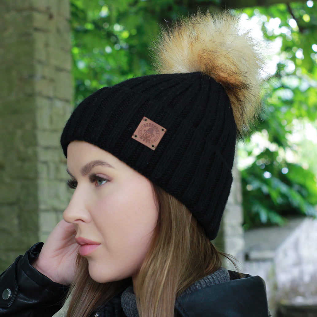 black Silk-Lined Women’s Cashmere Hat – Smaller Size Beanie with Faux Fur Pom Pom, Soft & Warm Winter Hat, Gift for Her