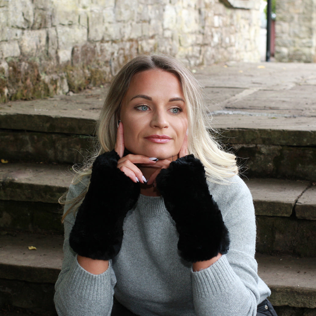 back Natural Rabbit Fur Fingerless Gloves – Soft Knit Winter Hands and Wrists Warmers, Luxury Gift for Her