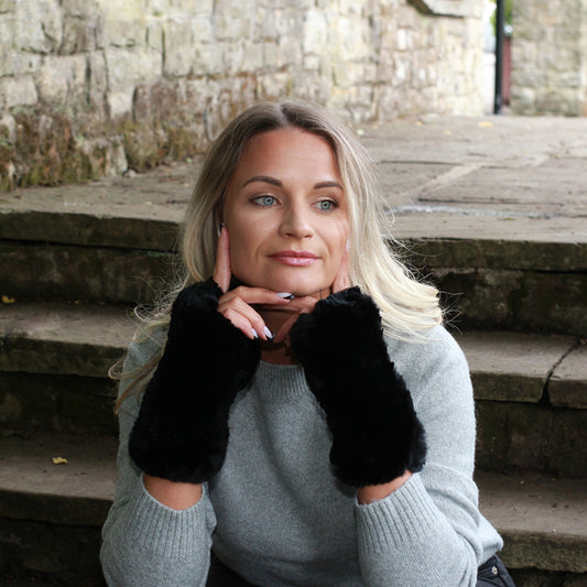 back Natural Rabbit Fur Fingerless Gloves – Soft Knit Winter Hands and Wrists Warmers, Luxury Gift for Her