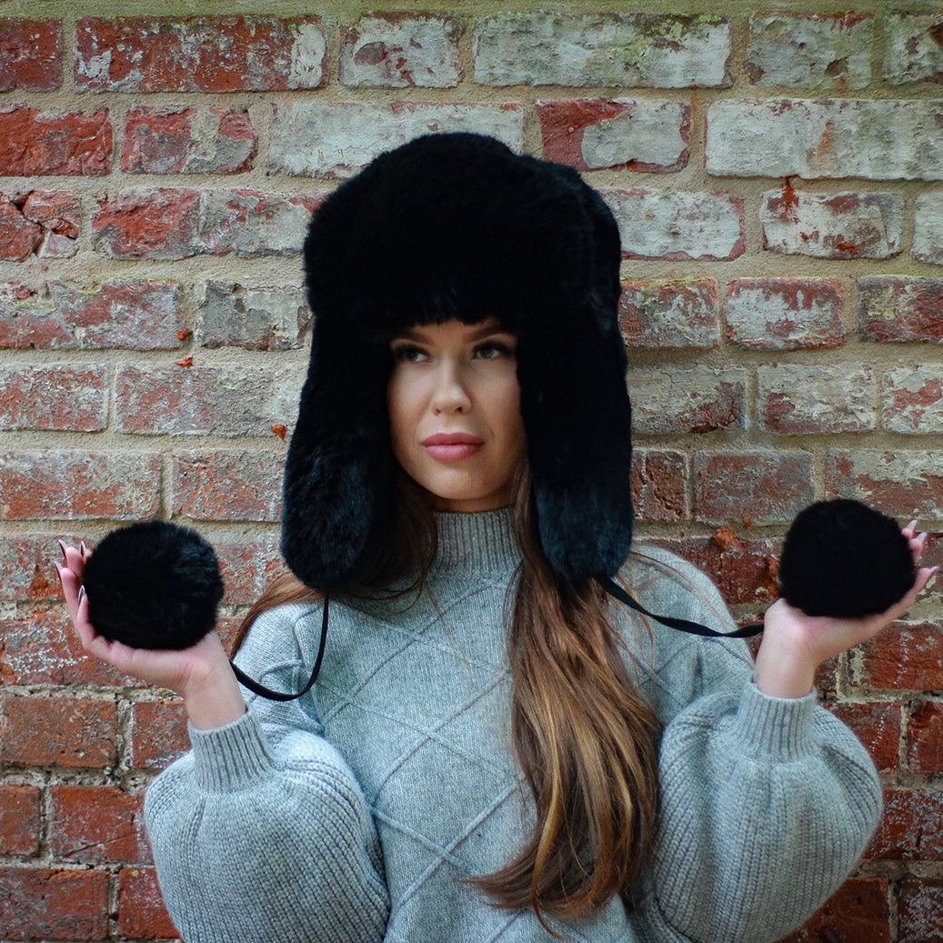 black Luxury Faux Fur Trapper Hat – Windproof Earflap Hat for Women, Warm Winter Lined Snow Hat, Cozy Gift for Her