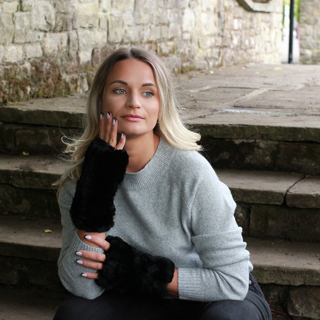 black Natural Rabbit Fur Fingerless Gloves – Soft Knit Winter Hands and Wrists Warmers, Luxury Gift for Her