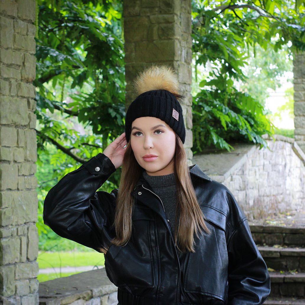 black Silk-Lined Women’s Cashmere Hat – Smaller Size Beanie with Faux Fur Pom Pom, Soft & Warm Winter Hat, Gift for Her