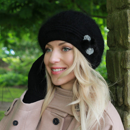 black Wool Winter Beret – Warm Double-Layer French Style Hat, Cozy Gift for Her, Mum or Grandma