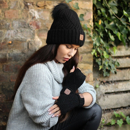 black Cashmere hat and fingerless gloves set, Fox fur pom pom cashmere beanie hat, Warm and soft winter cashmere set for womens, Gift for her