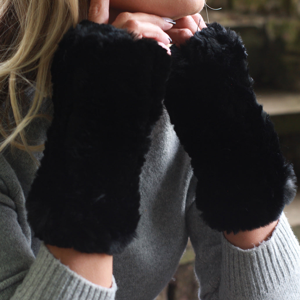 black rabbit fur Natural Rabbit Fur Fingerless Gloves – Soft Knit Winter Hands and Wrists Warmers, Luxury Gift for Her