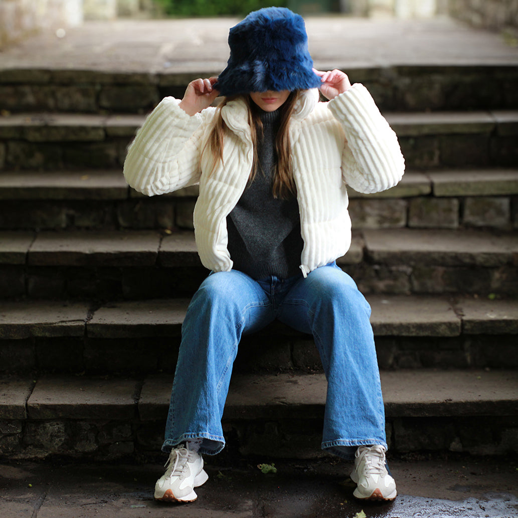 blue Fluffy Faux Fur Bucket Hat for Women - Super Soft and Warm Winter Hat, Cute Gift to Stay Cozy & Chic