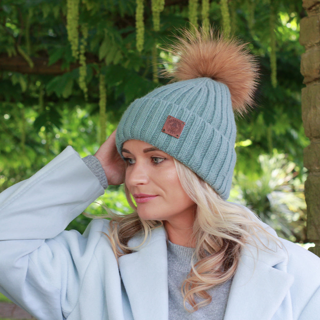 blue Silk-Lined Women’s Cashmere Hat – Smaller Size Beanie with Real FOX Fur Pom Pom, Soft & Warm Winter Hat, Gift for Her