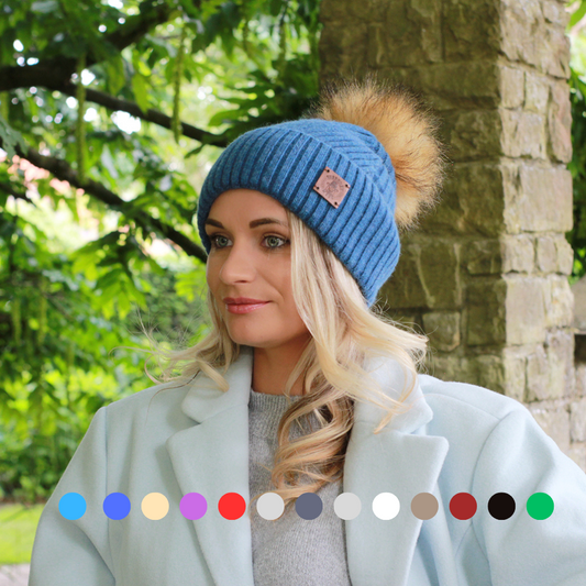 blue Silk-Lined Cashmere Beanie for Women – Frizz-Free Winter Hat with Faux Fur Pom Pom, Cozy Gift for Her, Soft Warm Luxury Beanie 