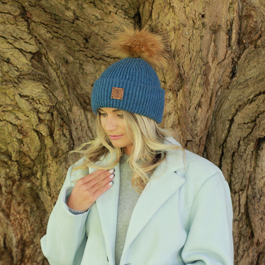 blue Women’s cashmere hat with pure silk lining – real fur winter beanie for curly, frizz-free hair, perfect gift for her