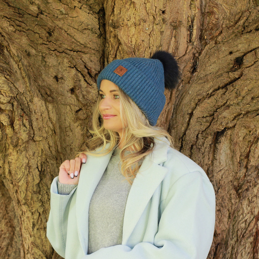 blue Women’s cashmere hat with pure silk lining – real fur winter beanie for curly, frizz-free hair, perfect gift for her