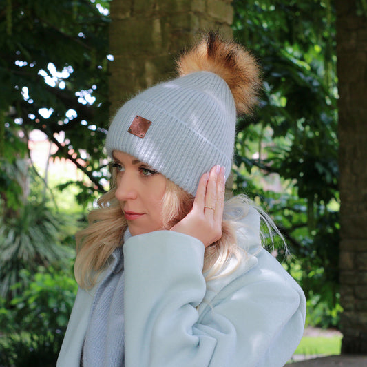 Blue SET: Women’s Winter Cashmere Hat and Neck Warmer – Soft Warm Pom Pom Beanie & Snood Gift for Her, Cozy 2-Piece Cold Weather Accessory