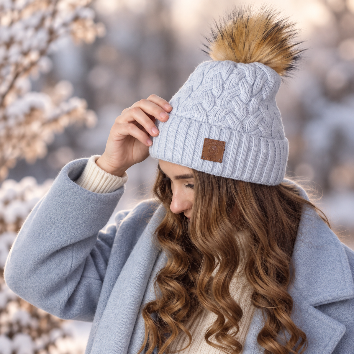 Damen Kaschmir Kunstfell Pom Pom Mütze, Gestrickte warme Winter Kaschmir Mütze für Damen, Geschenk für Sie
