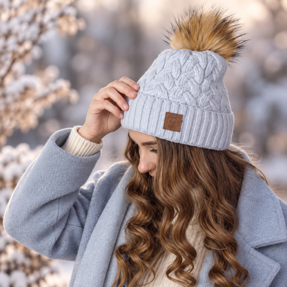 Damen Kaschmir Kunstfell Pom Pom Mütze, Gestrickte warme Winter Kaschmir Mütze für Damen, Geschenk für Sie