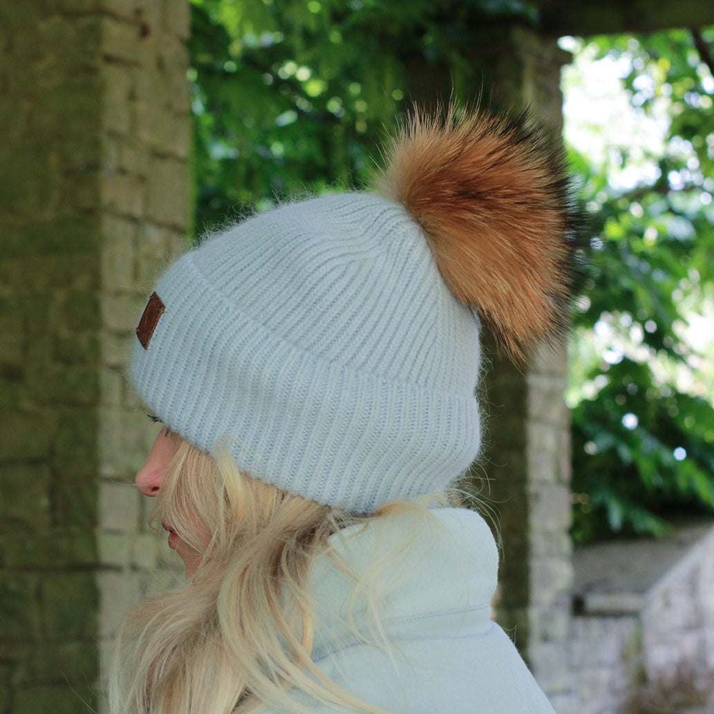 blue SET: Women’s Winter Cashmere Hat and Neck Warmer – Soft Warm Fox Fur Pom Pom Beanie & Snood Gift for Her, Cozy Cold Weather Accessory Set