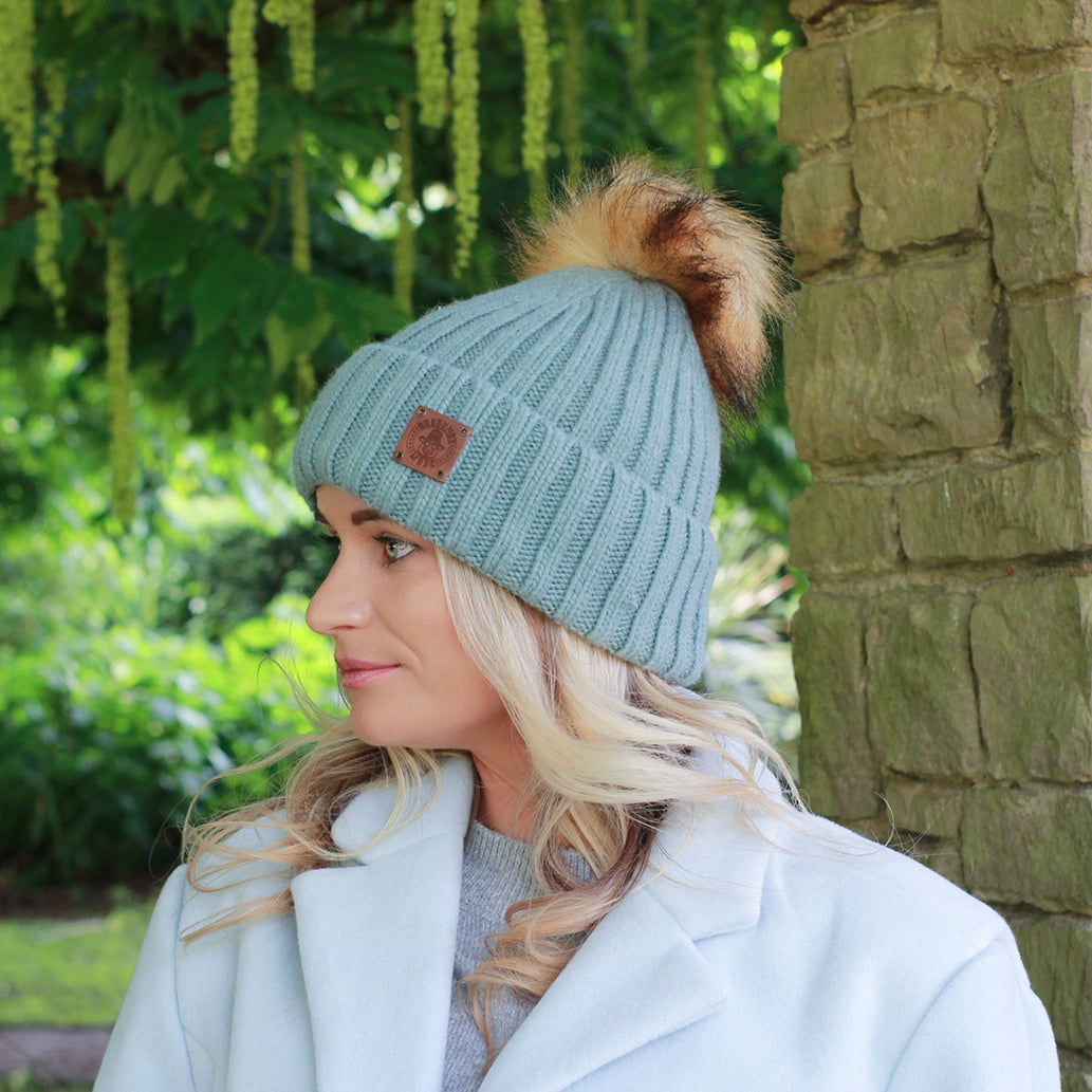 aqua blue Silk-Lined Women’s Cashmere Hat – Smaller Size Beanie with Faux Fur Pom Pom, Soft & Warm Winter Hat, Gift for Her