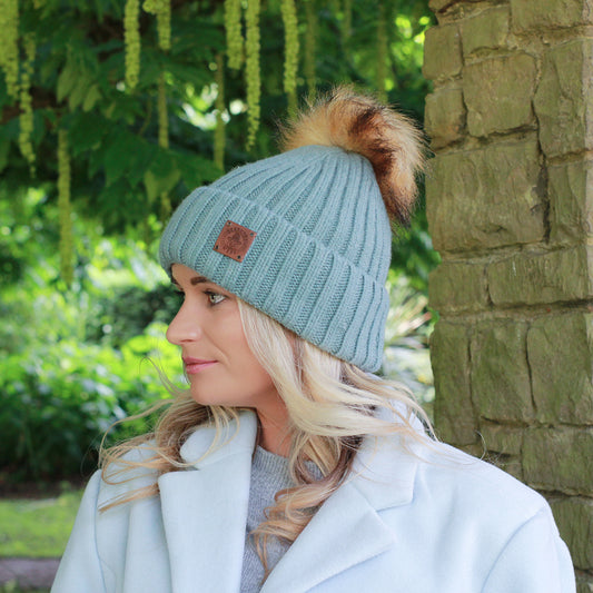 aqua blue Silk-Lined Women’s Cashmere Hat – Smaller Size Beanie with Faux Fur Pom Pom, Soft & Warm Winter Hat, Gift for Her