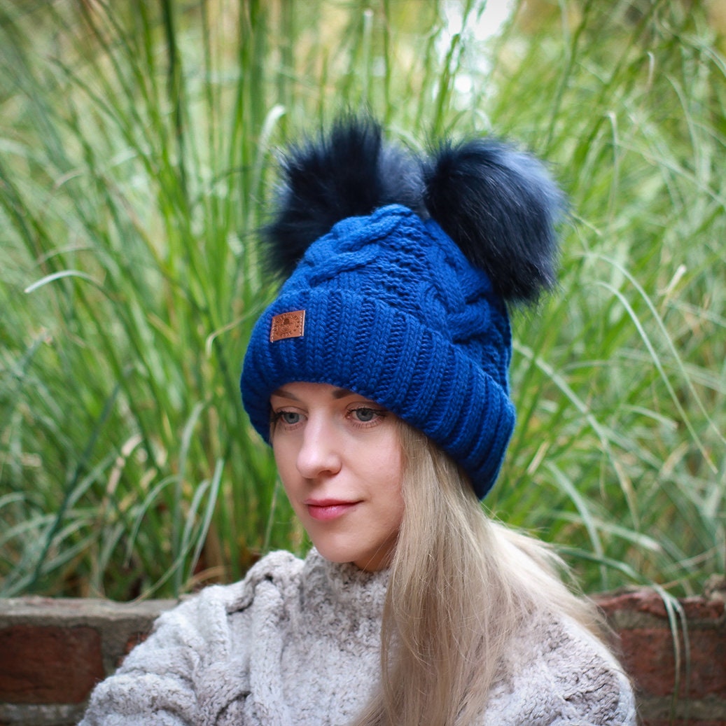 blue Women’s Double Pom Pom Winter Hat – Fleece-Lined Wool Beanie, Windproof & Warm, Cute Cold Weather Gift for Girls or Her