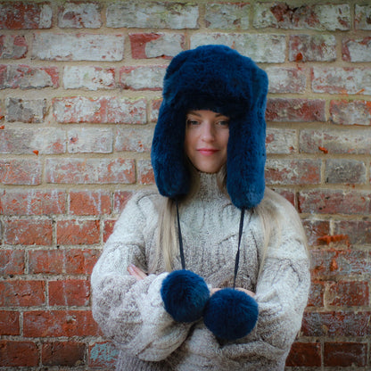 blue Luxury Faux Fur Trapper Hat – Windproof Earflap Hat for Women, Warm Winter Lined Snow Hat, Cozy Gift for Her